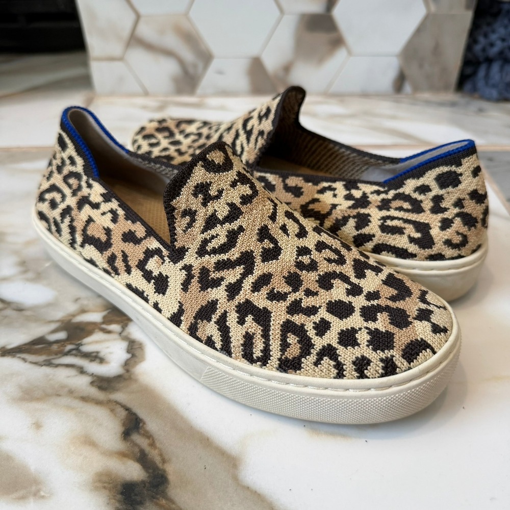Rothys The Sneaker Camo Cat Womens 5 Leopard Print Slip On Knit Shoes Tan Black